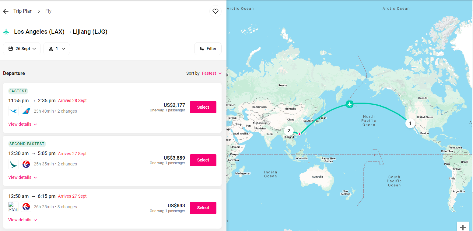 Los Angeles (LAX) → Lijiang (LJG)